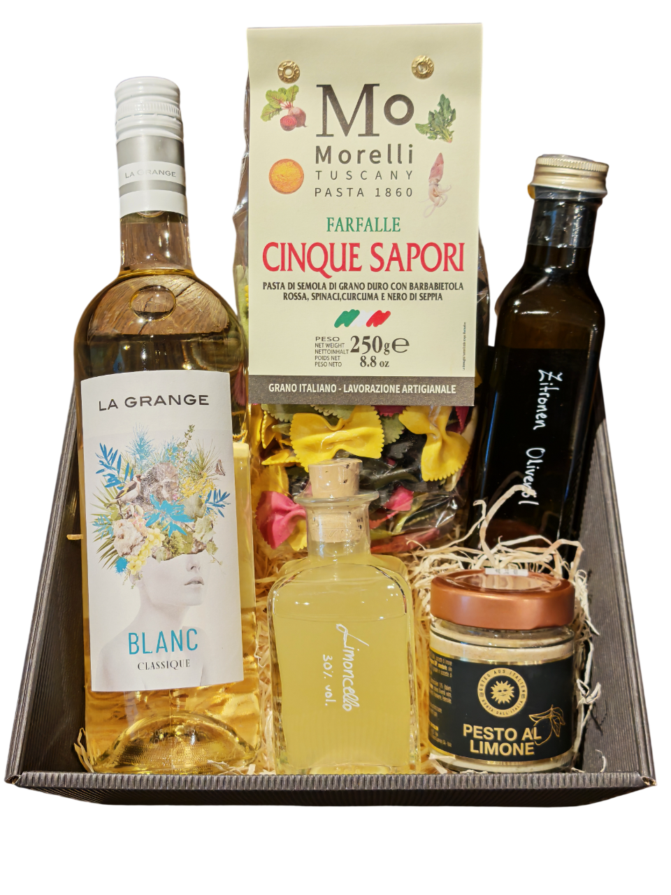Geschenkkorb Zitronenfans – Italienische Pasta, Weißwein, Limoncello & feinstes Olivenöl